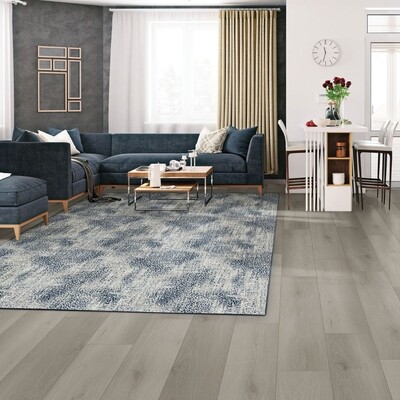 Living room with a blow grey and white area rug and a dark blue matching couch